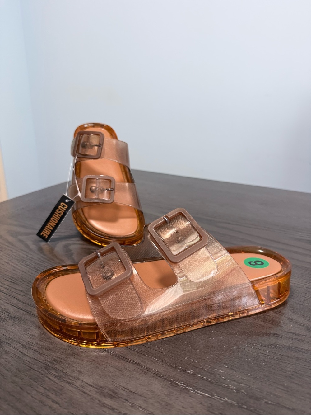 Cushionaire Women’s Double Buckle Jelly Slide Sandals Amber Brown Size 8 NWT